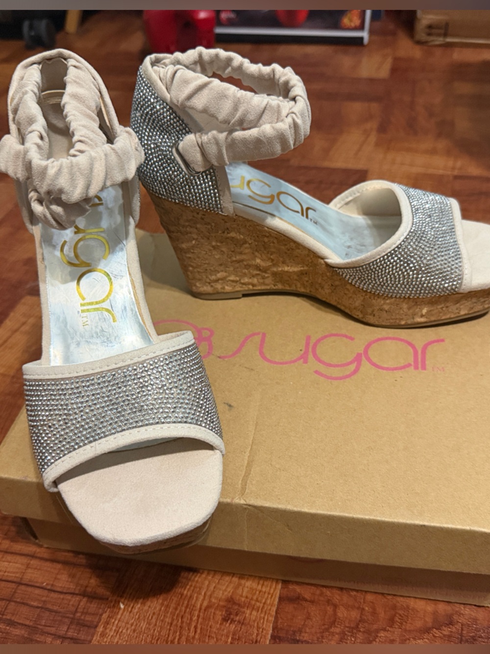 Sugar Nude Rhinestone Cork Wedge Sandals with Elastic Ankle